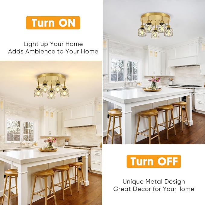 Baocuz 5-Light Semi Flush Mount Ceiling Light, Gold Kitchen Lighting Fixtures Ceiling with Metal Shade, Hallway Light Fixtures with Mini Cage for Entryway, Bedroom, Living Room