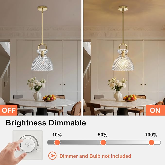Gold Pendant Light Kitchen Island with 9.84'' Striped Glass Shade | Modern Pendant Lighting Over Sink, Adjustable Hanging Ceiling Light, E26 Dimmable Hardwired for Dining Room Hallway, 1-Pack