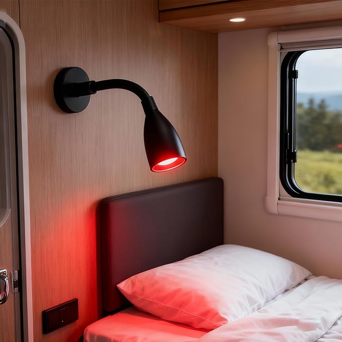 THALASSA Black RV 12V Flexible Gooseneck Reading Light Red Night Light Mode for Map, Camper Van Wall Sconce for 10V-30V System of Caravan Motorhome Trailer