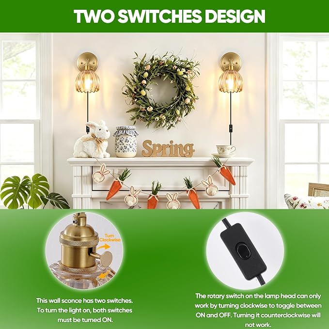 Plug in Wall Sconces Set of Two, Vintage Wall Lights with 5.58FT Plug in Cord, Adjustable Angle Bedside Wall Lamps with Amber Tulip Glass Shade, Gold Wall Light for Bedroom Living Room Hallway