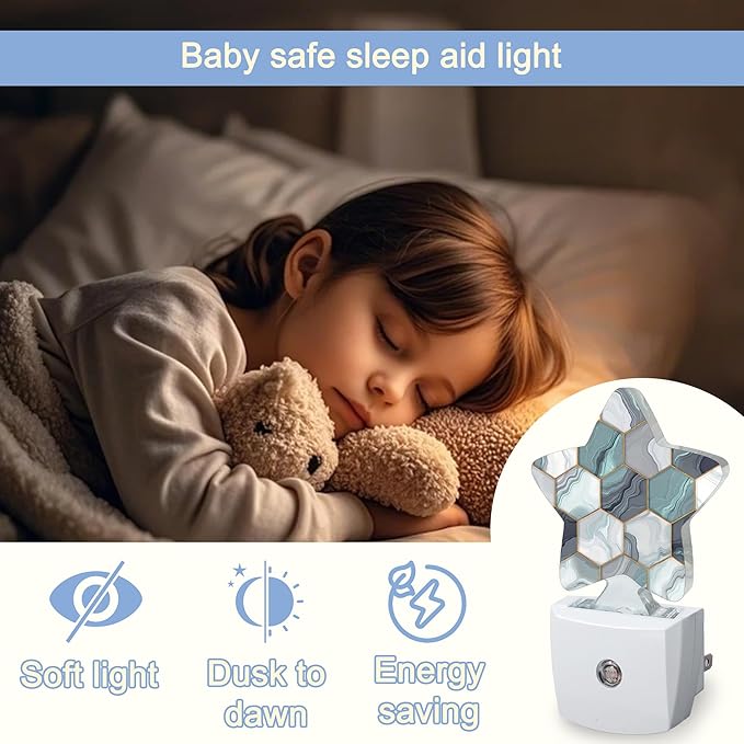 Hexagon Golden Blue Marble Night Light,Abstract Plug-in Star Night Lights with Dusk-to-Dawn Sensor for Bedroom,Bathroom,Living Room Sleep Friendly Lamp for Women Girls Boys Gift,0.5W
