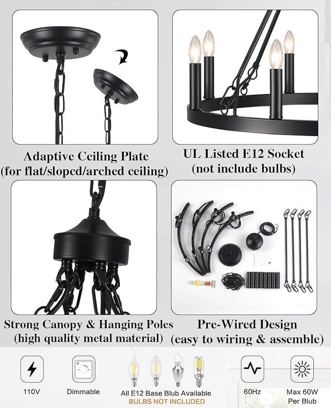 LASENCHOO Round Black Wagon Wheel Chandelier Farmhouse for Dining Room Light Fixture 8 Lights Dia 23.6" Large Wrought Iron Black Chandeliers for High Ceilings Outdoor Entryway Foyer Living Room Porch