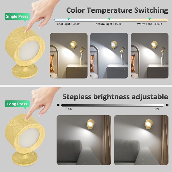 Racokky LED Wall Mounted Lights 2 Pcs with Remote, Wall Sconces Lamp 3000mAh Rechargeable Battery Operated, 3 Color Temperatures & Dimmable Magnetic 360° Rotation Cordless Light for Bedroom Reading