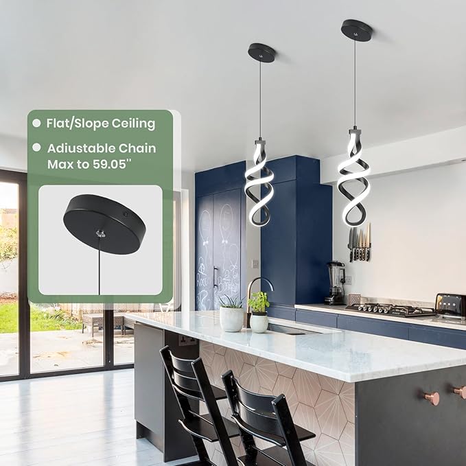 3 Packs Pendant Light, 15W Spiral Led Pendant Light, 4500K Modern Pendant Lights Kitchen Island, Adjustable Height Pendant Light for Dining Room Bedroom Kitchen Island Cafe