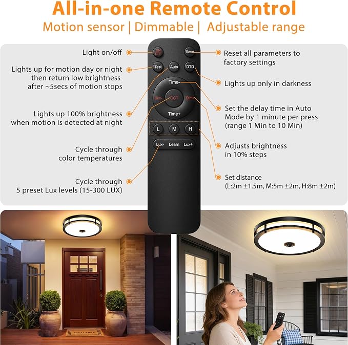 16IN LED Motion Sensor Outdoor Ceiling Light with Remote, 32W | Dusk to Dawn, 2700K/3000K/3500K/4000K/5000K Dimmable, 4 Lighting Modes, Large Flush Mount Ceiling Light for Entryway, Black