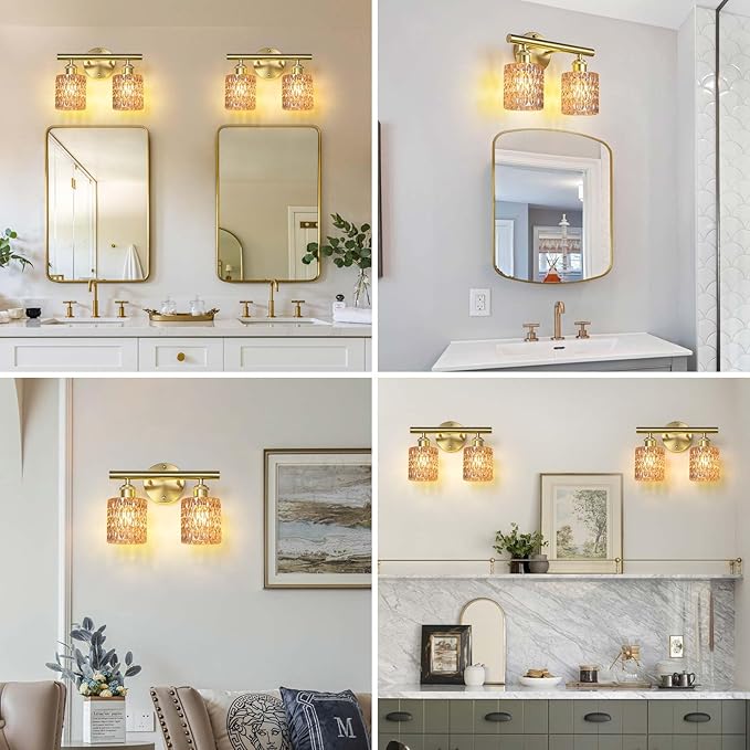 Bathroom Vanity Light, Gold Wall Fixture Over Mirror, Amber Glass Shade Lighting with Bulbs Included for Bedroom & Living Room, 2-Lights