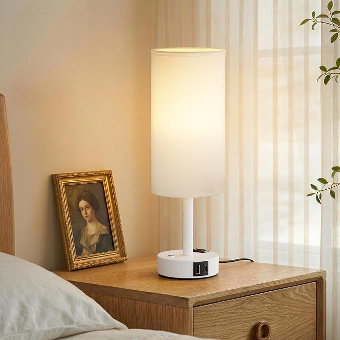 White Touch Bedside Lamp for Bedroom, Stepless Dimmable, USB A+C, AC Outlet | Base Touch Button Only, Memory Brightness, Ultra-dim Night Light, Included Bulb for Optimal Dimming, White Lamp Base, Nursery