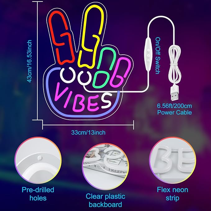 Good Vibes Neon Sign, LED Neon Light for Wall Decor, USB Powered Dimmable Sign with ON/OFF Switch, Colorful Room Decoration Light for Bedroom, Game Room, Bar, Party and Home Decor