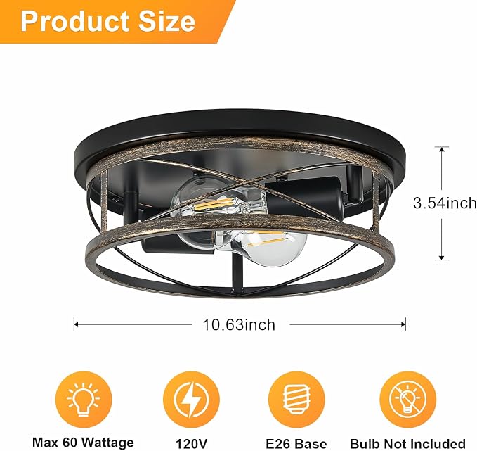 Farmhouse Lights, Rustic Black Industrial Flush Mount Ceiling Light, Ceiling Lamp Farmhouse Lighting Fixture for Hallway, Bedroom, Kitchen, Entrance, 2-Light