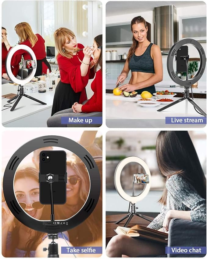 Ring Light with Stand OEBLD Dimmable Desk Selfie Ring Light with Phone Holder for Video Photography Remote Control for Makeup Live Streaming YouTube Lighting (D(10.2''Ring Light & Tripod))