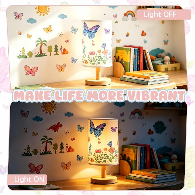 Butterfly Table Lamp for Kids Bedroom, 3-Way Dimmable Bedside Lamp with Wooden Base and Fabric Shade, Floral Butterfly Nursery Night Light for Girls Room Decor, Cute Butterfly Gifts for Kids