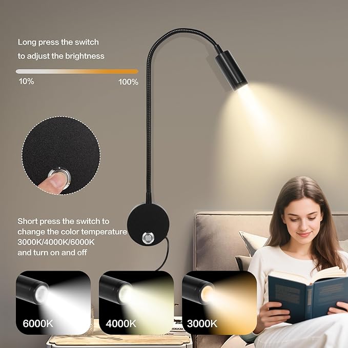 Reading Light for Bed, Wall Mounted Reading Lights with 15" Flexible Gooseneck, Touch Control, 3 Colors Temperature and Stepless Dimmable, Plug in Headboard Bedside Light(1 Pack)