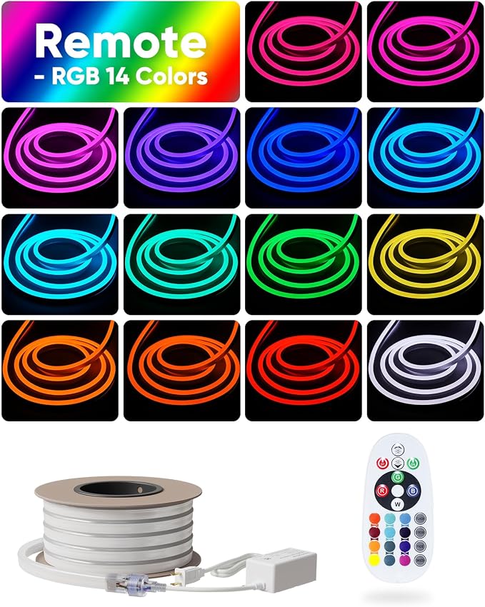 LED RGB Neon Rope Lights AC 120V, Expandable & Cuttable Bright Strip Lighting with Remote, Dimmable Color Changing, ETL Cold-Resistant & IP65 Waterproof for in&Outdoor, 10x20mm, 50FT