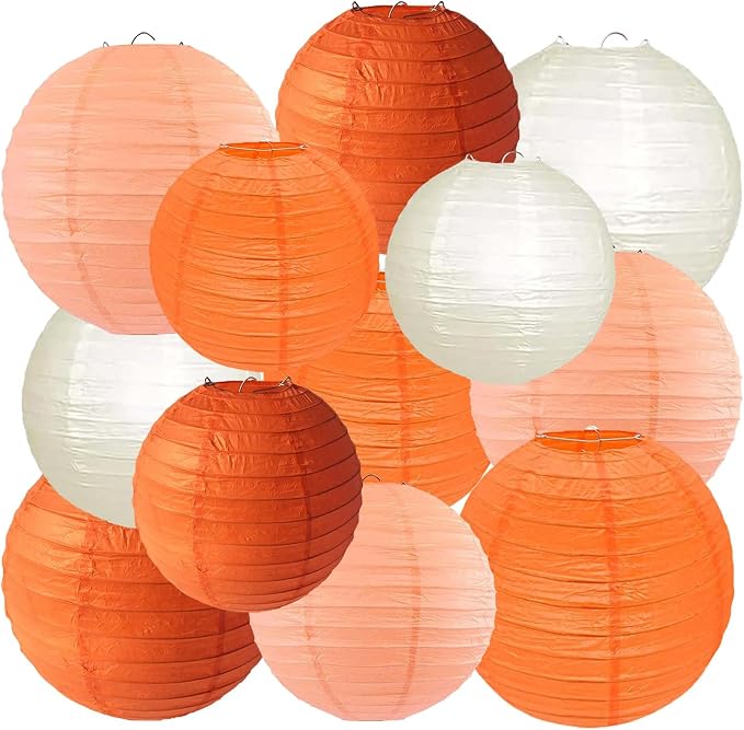 Orange Peach Cream Fall Paper Lanterns 12 Pack-Hanging Round Decorative Lanterns Perfect for Boho Graduation,Autumn,Baby Showers,Weddings, Engagements,Birthdays,Party Decoration
