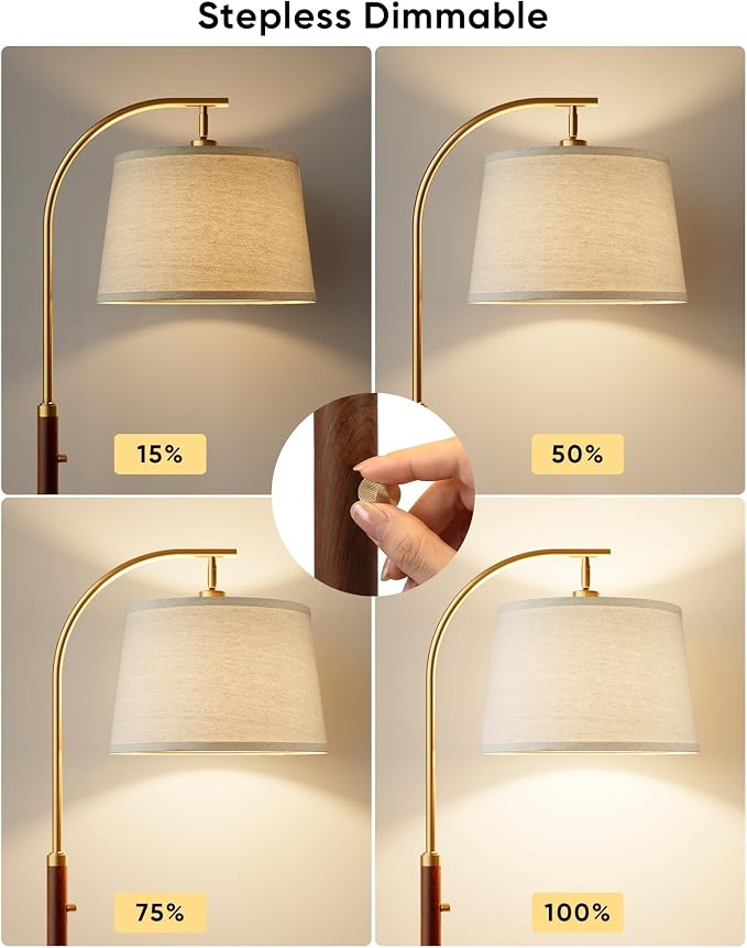 Dimmable Floor Lamp for Living Room, 65" Tall Metal Standing Lamp with LED Bulb, Mid Century Modern Arc Floor Lamp with Linen Shade for Bedroom, Reading Room, Office & Nursery, Gold and Walnut Color