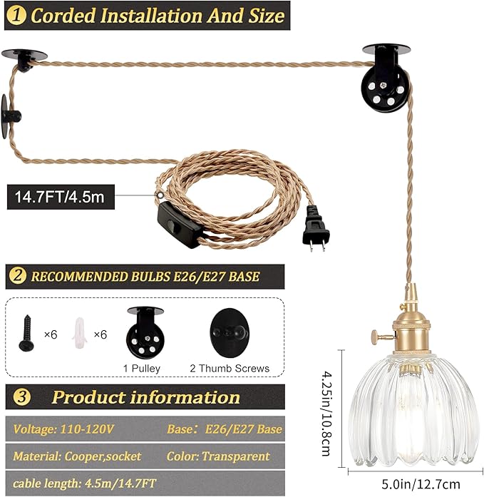 Plug in Pendant Light Hanging Light Fixture Corded On/Off Switch Brass Pendant Light with Clear Tulip Glass Lampshade for Bedroom Living Room Kitchen Island