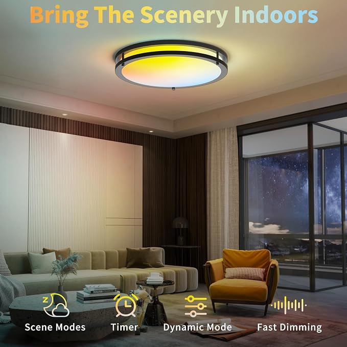 Ceiling Lights Flush Mount with Remote: LED Black Ceiling Lighting 8 Modes Dimmable Color, Adjustable Temperature for Bedroom, Living Room, Kitchen (16 Inch)