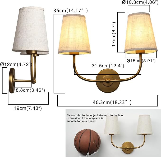 Vintage Double Sconce Large Antique 2-Lights Sconces with Flared Funnel Linen Beige Fabric Shade Hardwired Double Wall Sconce E26 Base