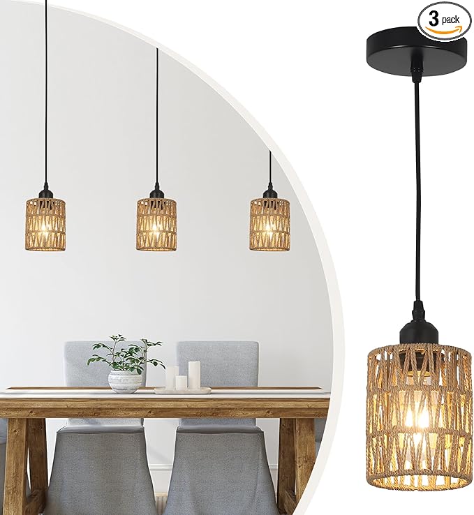 3 Pack Rattan Pendant Lights Kitchen Island, Farmhouse Pendant Lighting with Hand Woven Wicker Shade, Boho Chandelier Light Fixtures Ceiling Hanging for Dining Room Bedroom Foyer Hallway