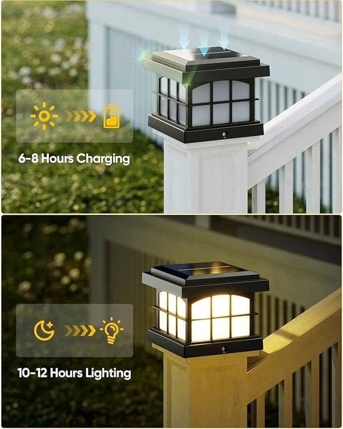 PARTPHONER RGBCW Solar Post Cap Lights 8-Pack, 9 Colors 3 Modes Fence Caps, Bright Solar Outdoor Waterproof LED Deck Lighting for Fence Garden Deck Patio Porch Decor 4x4 Vinyl/Wood, Black