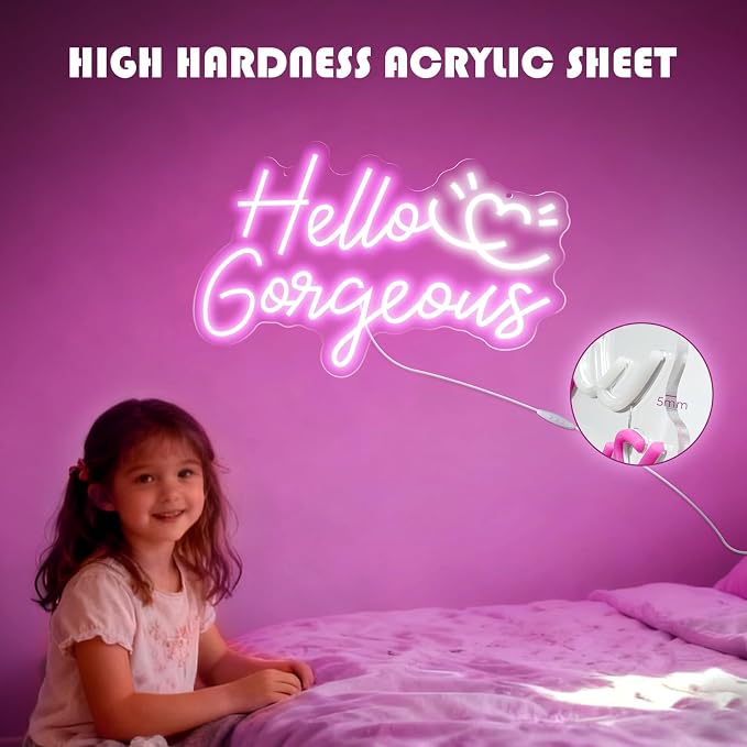 Hello Gorgeous Neon Sign, 16 * 10.8 Inches Led Sign, Neon Signs for Wall Decor with Dimmable Switch, Powered by USB Light up Sign, Pink Neon Lights for Teen Girls Bedroom, Salon, Party