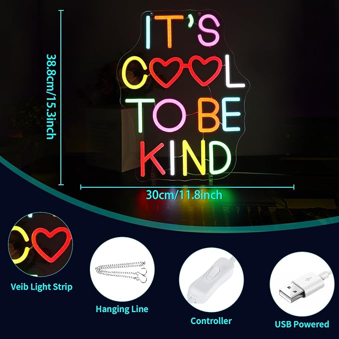 Neon Sign, HSJNJKFU It's Cool To Be Kind Neon Signs for Wall Decor Led Light up Signs for Classroom, Room, Library, Office, Party, Man Cave Home Decor - Led Sign USB Powered