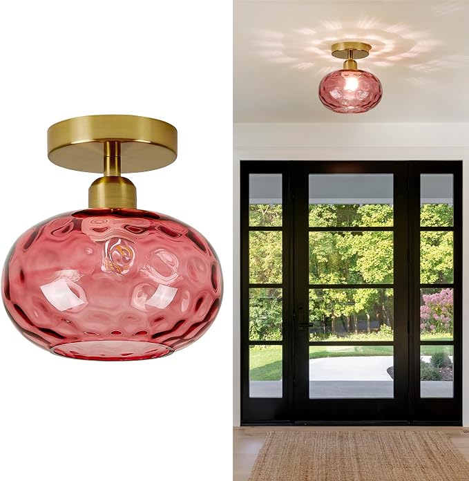 Luafac 7.9″ Small Semi Flush Mount Ceiling Light,Red Hallway Light Fixtures | Art Deco Hammered Glass,Whimsical,Vintage Gold Mid Century MCM Lighting for Closet Cottage Entryway Laundry Room Foyer