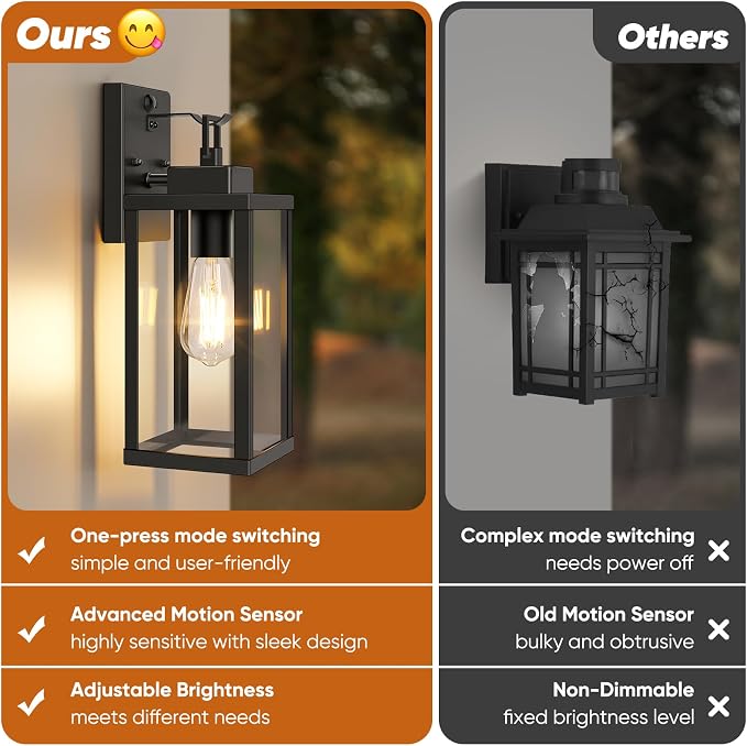 2-Pack 14” Upgraded Motion Sensor Outdoor Wall Lights, Black | Auto ON/OFF, 3 Lighting Modes, Waterproof, Rust-Resistant, Durable Metal & Clear Glass, Standard E26 Sockets, Easy to Install