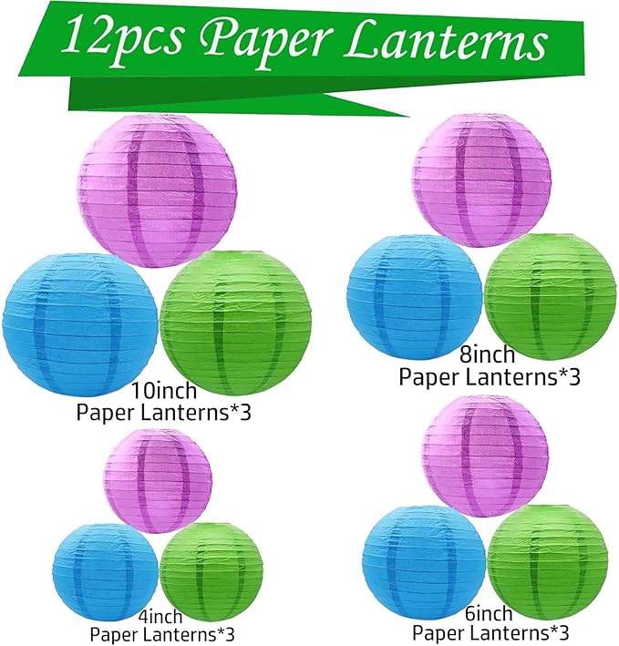 Purple -Green and Blue Paper Lanterns 12Pcs Hanging Lanterns for Birthday Party, Wedding, Home Decor, Baby Shower Festive Decoration