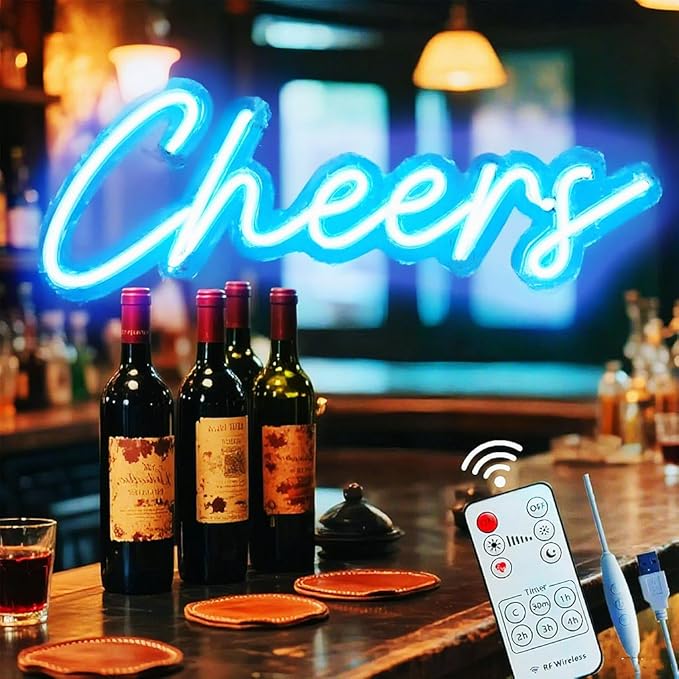 Upgraded Cheers Neon Sign with Timer Remote Control,5V USB Powered Cheers LED Signs for Home Pub,Birthday,Wedding,Bar Cart,Party 16.5 * 7in(Flash/Dimmable/Timmer)