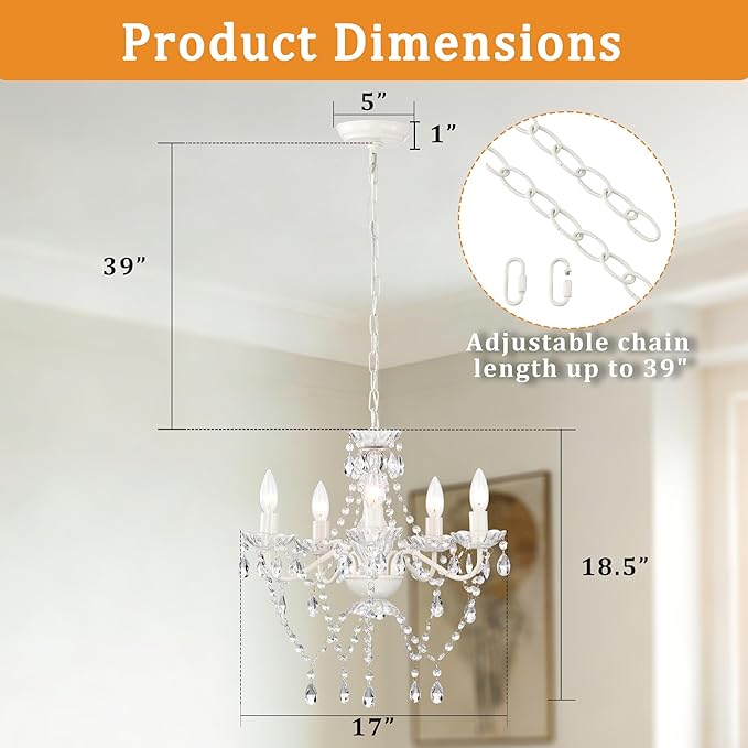Small White 5-Light Crystal Chandelier, Modern Glass Chandelier Lighting Fixture, Small Chandelier for Bedroom, Dining Room, Living Room, Kitchen, Foyer, Girls Room Ceiling Light