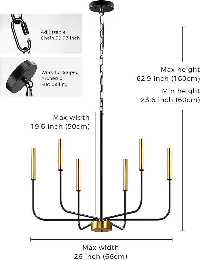DORESshop 6-Light Black and Gold Farmhouse Chandeliers for Dining Room, Light Fixture Adjustable Height, Industrial Modern Chandeliers for Living Room, Bedroom and Foyer