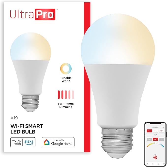 UltraPro Wi-Fi LED Smart Light Bulb, A19, 60W Equivalent, White Select Tunable 2700K - 6500K, Full-Range Dimmability, 2.4GHz Router Required, Circadian Rhythm, Easy-to-Use App, 51443