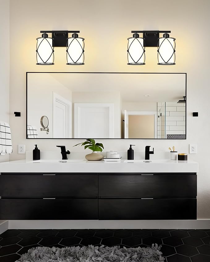2-Light Black Bathroom Light Fixtures with Milk White Frosted Glass, 13.8" Modern Bathroom Vanity Lighting Fixtures Over Mirror with Metal Cage, Wall Sconce Lights for Bath, E26, CH9176BKW-2W