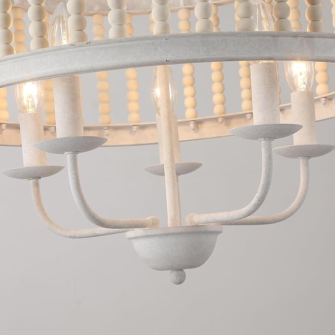 Drum Pendant Chandelier, Boho Wood Beaded Distressed Farmhouse Chandeliers for Entryway Dining Room, Vintage Handmade Chandelier Retro Antique White Lighting fixtures Hanging 5-Light W19.7