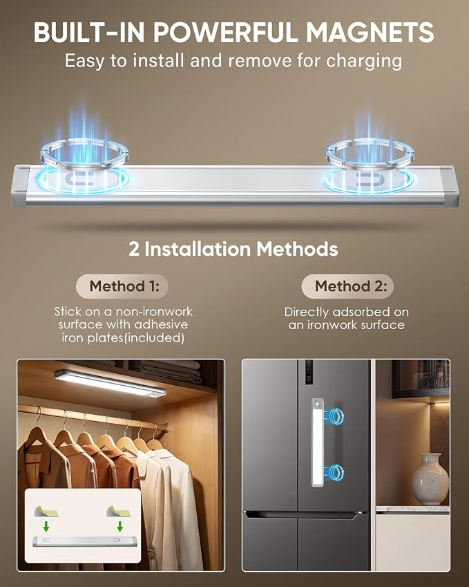 MCGOR 3 Pack 14.7inch Under Cabinet Lighting, Rechargeable Motion Sensor Light Indoor with 3 Color Temps, Dimmable Magnetic Led Closet Lights, Wireless Under Counter Lights for Kitchen, Stairs