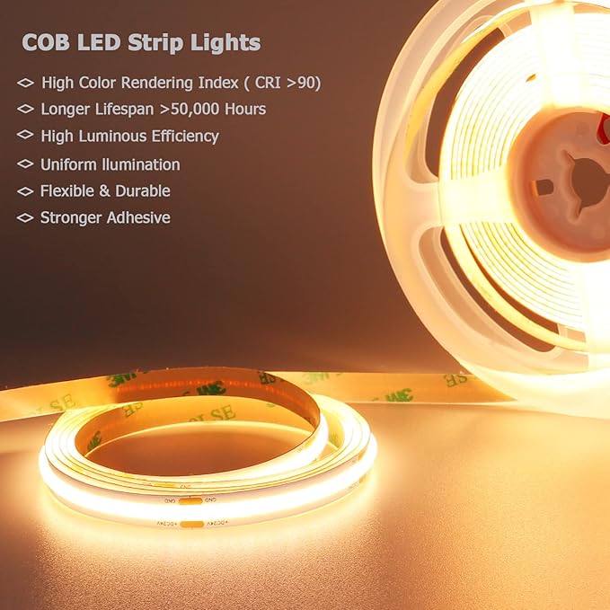 24V COB LED Strip Light Warm White 3000K 5M/16.4ft 2400LEDs 4500Lm Uniform Glow CRI 93+ Flexible IP20 Not Waterproof LED Tape Lights for DIY Cabinet Bedroom Kitchen Home Decor(No Power Supply)