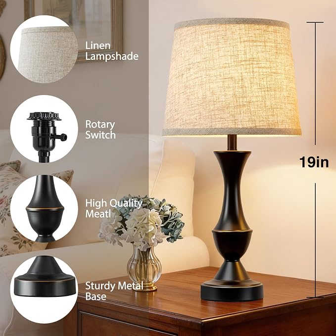 Luvkczc Table Lamp Set of 2, 19" Farmhouse Vintage Bedside Lamps for Living Room & Bedroom, Linen Shade Desk Lamps for Nightstand, Office, Study(Bulb not Included)