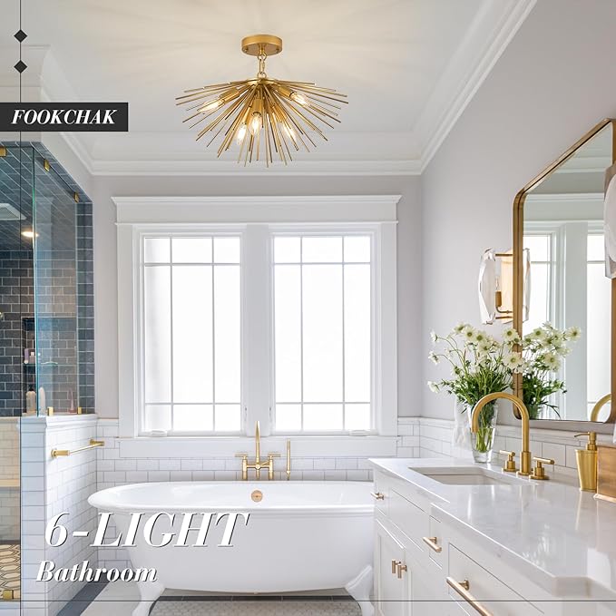 Gold Sputnik Ceiling Light Fixture 6-Light Starburst Chandelier Ceiling Light Mid-Century Modern Satellite Chandelier Solid Metal Urchin Chandeliers for Entry Dining Room Kitchen Sink