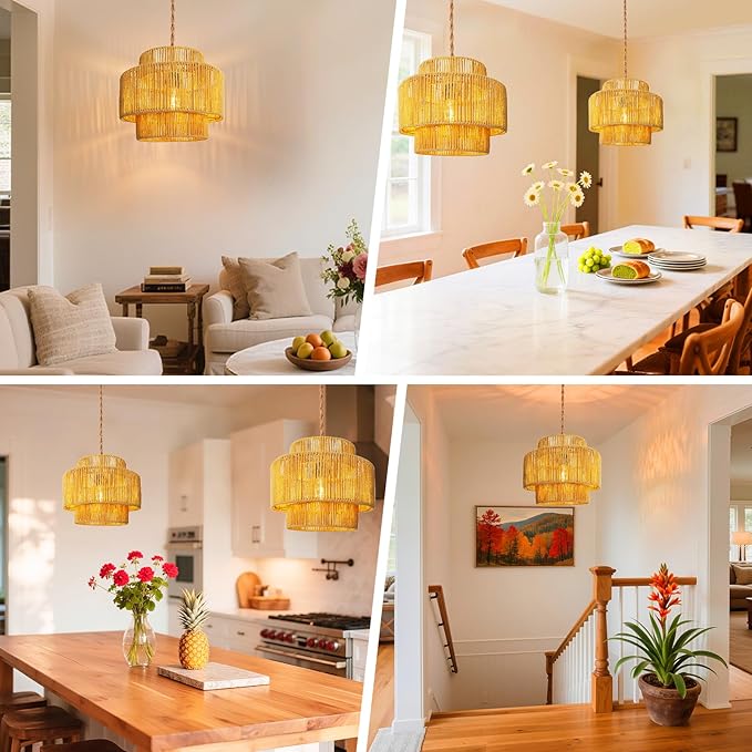 Hanging Light Ceiling Lamp Pendant Lights Rattan Hanging Lamp with Plug in Cord for Living Room Bedroom Kitchen Indoor Hanging Lamp Plug in Woven Lampshade