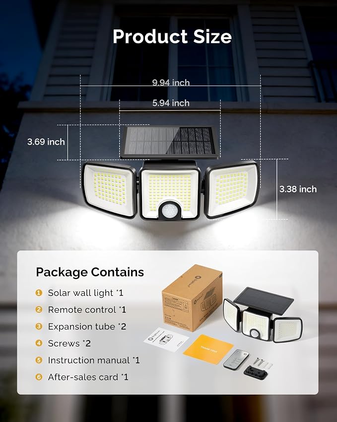 Brightown 1 Pack Solar Flood Outdoor Lights with Motion Sensor 3 Modes | 2500LM 223 LED Solar Outdoor Lights, 3 Head 270° Wide Angle Street Area IP65 Waterproof Security Wall Lights with Remote