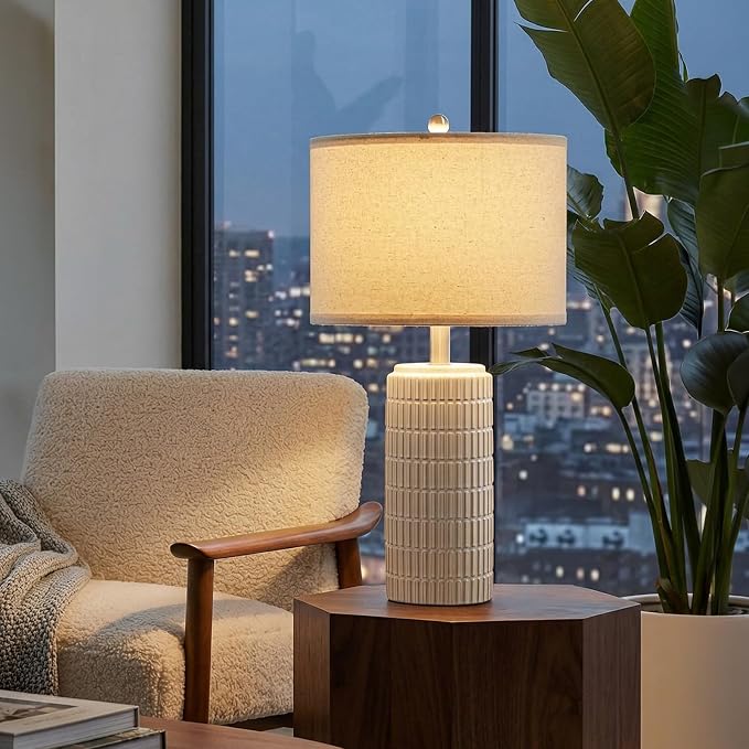 PoKat 23’’ Dimmable Table Lamps Set of 2 with Remote for Living Room, White | Modern Bedside Lamps for Bedroom, Stepless Adjustable, Farmhouse Ceramic Lamp for Nightstands, Blubs Included, No Battery