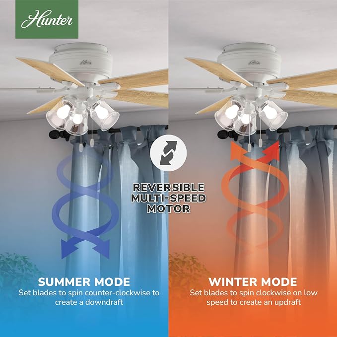 Hunter 52 inch Indoor Ceiling Fan with LED Lights and Pull Chain - Low Profile Flush Mount White Ceiling Fan, 5 Blades, For Bedroom, Living Room, or Kitchen, Quiet - Crestfield 54207, Fresh White | with LED Lights and Pull Chain, Low Profile Flush Moun...