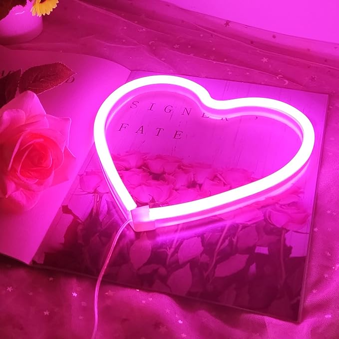 Pink Heart Neon Sign for Bedroom Decoration, Heart Led Light Sign 8.7×8.7 In Battery/USB Powered Romantic Love Hearts Neon Light for Wall Decor Art Kids Girl Room Wedding Party Valentine's Day Prsent