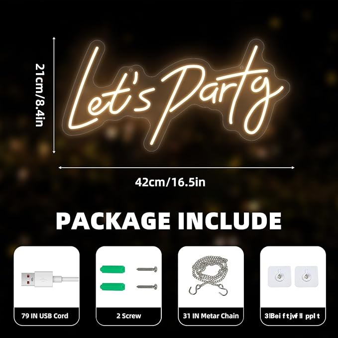 Lets Party Neon Sign for Party Wall Decor, 16.5x8.4 inch Compact Neon Party Decorations LED Glow Lights Supplies Accessories, Warm White