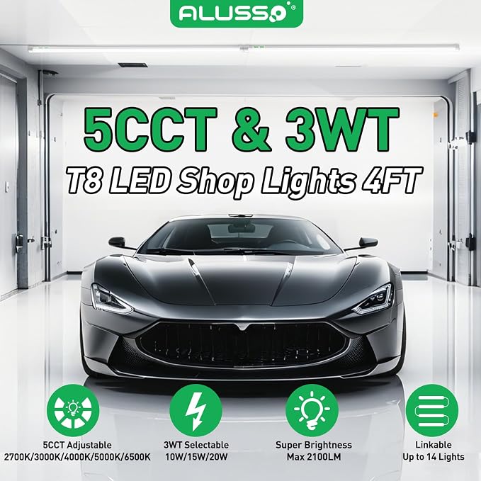 ALUSSO 4FT LED Shop Lights with 5CCT Selectable–2100LM T8 Integrated Fixture, 10 Pack, 2700K-6500K Adjustable Color Temperature, Corded Electric with On/Off Switch for Garage/Workshop