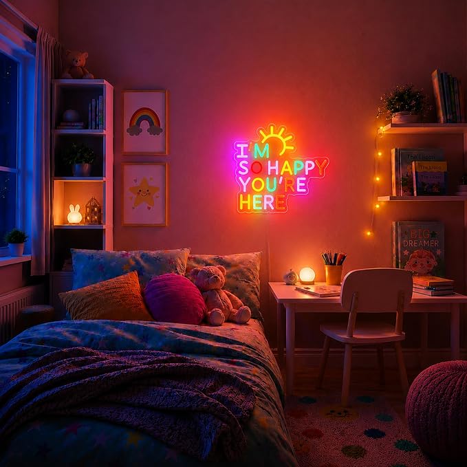 I'm So Happy You're Here Neon Sign Dimmable Letter Positive Affirmation Neon Light USB Powered Colorful Welcome Light Up Sign for Classroom Wedding Party Store Home Wall Art Decor