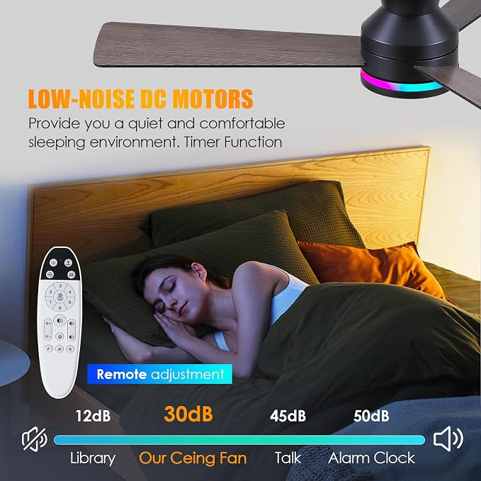 46" 3-Blade Black Low Profile RGB Ceiling Fan with Light and Remote/APP | 11 RGB Modes,Reversible 6 Wind Speeds,Dimmable 3 CCT LED, 25W Quiet DC Motor,Timer,3 Double-Sided Blades,for Bedroom Party