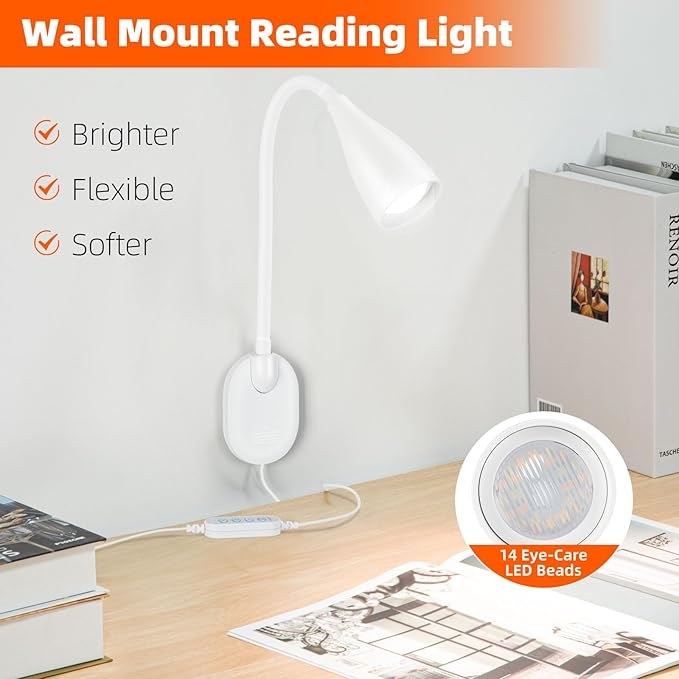 Wall-Mounted LED Bedside Reading Light with USB Charging Port, 10-Level Dimmable & Adjustable 5 Color, Plug-in Adhesive Night Lamp for Books in Bed, Eye-Caring Bedroom Lighting (White 2 Pack)
