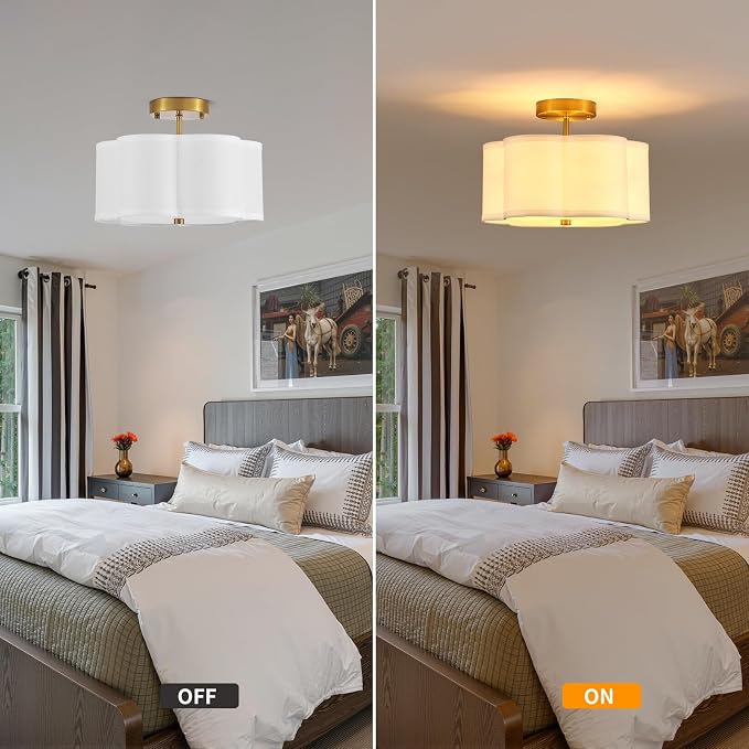 12.9" Gold Semi Flush Mount Ceiling Light, Linen 3-Light Fixture | White Linen Petal Shade, Modern Gold Style For Bedroom, Hallway,Dining, Bedroom,Laundry; Close-To-Ceiling, E26, Easy Install